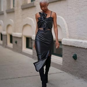 NWT Signed Blake x Amazon The Drop Women's Black Faux Leather Bow Front Top - XS
